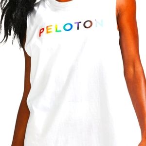 Peloton White Multicolor Logo and 'LEAD WITH LOVE' workout tank Sz S 100% Cotton